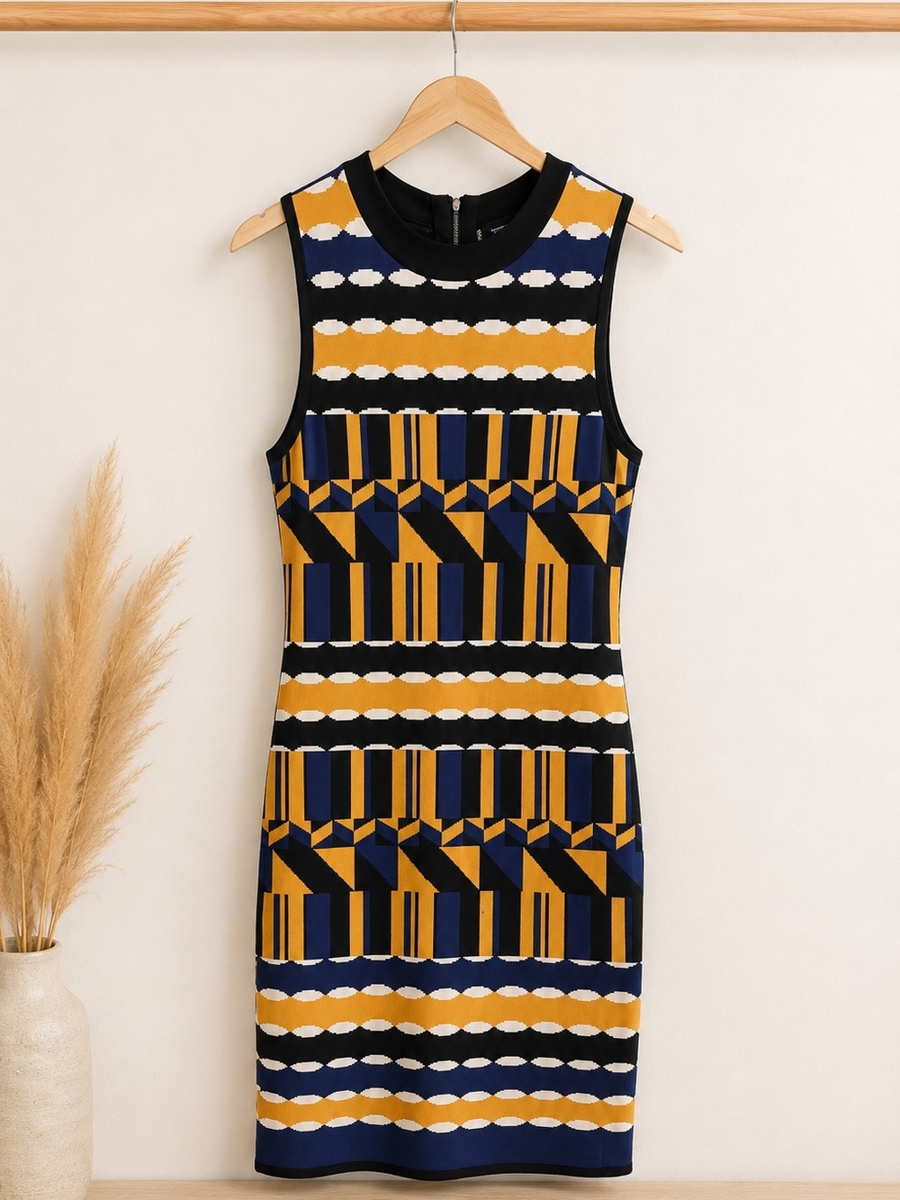 Jealous Tomato Mustard, Navy & Black Geometric Sleeveless Sheath Dress
